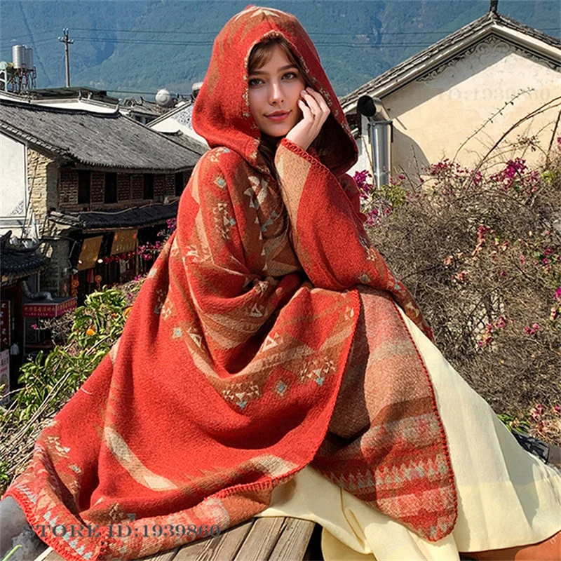 Woven Scarf Blanket - フード付き暖かいスカーフショールケープ新しい観光用マントジャケットプリントジャカードジャケット大人用ポンチョアウターエスニックスタイルケープブランケット
