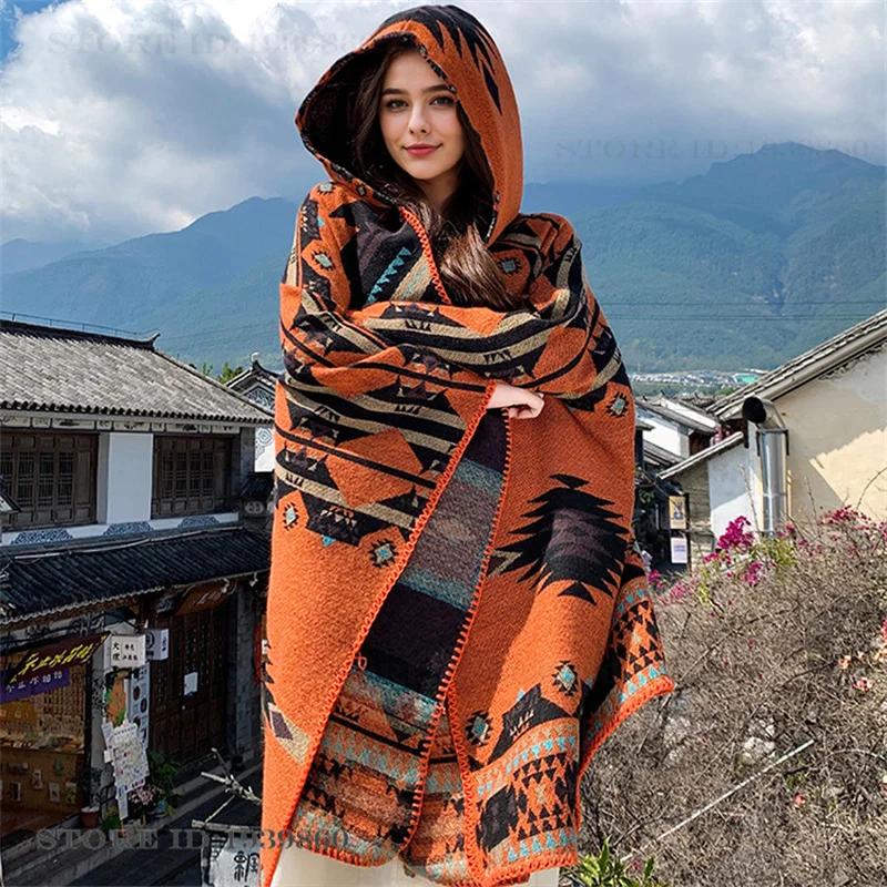 フード付き暖かいスカーフショールケープ新しい観光用マントジャ - Woven Scarf Blanket のレビューと価格